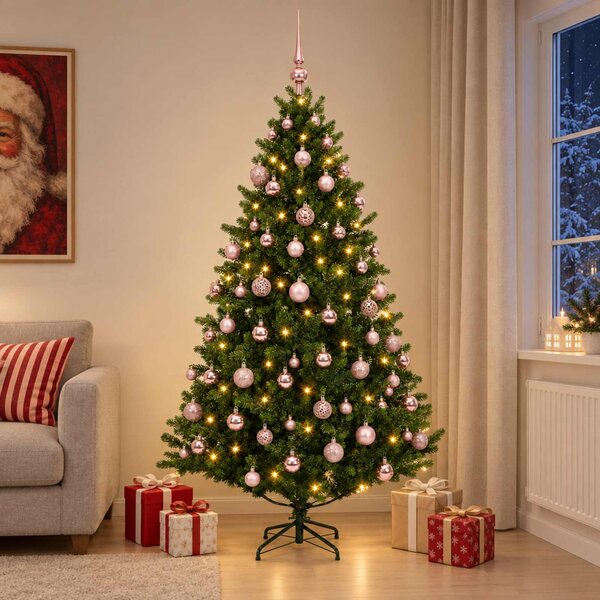 Műkarácsonyfa gömbbel 180 cm 300 LED Meleg fehér PVC és fém