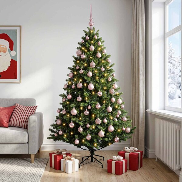 Műkarácsonyfa gömbbel 180 cm 300 LED Meleg fehér PVC és fém
