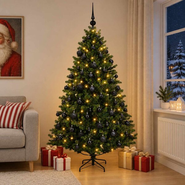Műfenyő gömbökkel 180 cm 300 LED Meleg fehér PVC és fém Zöld