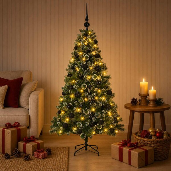 Mű karácsonyfa gömbökkel 120 cm 150 LED Meleg fehér PVC és fém
