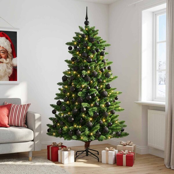 Műfenyő gömbökkel 180 cm 300 LED Meleg fehér PVC és fém Zöld