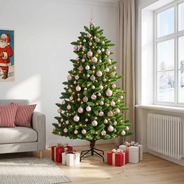 Műfenyő gömbökkel 180 cm 300 LED Meleg fehér PVC és fém Zöld