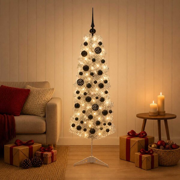 Karcsú műkarácsonyfa gömbökkel 150 cm 150 LED Meleg fehér