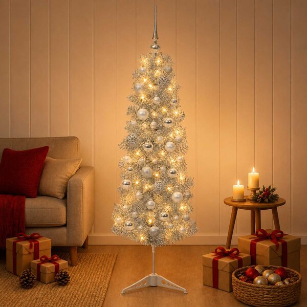 Karcsú műkarácsonyfa gömbökkel 150 cm 150 LED Meleg fehér