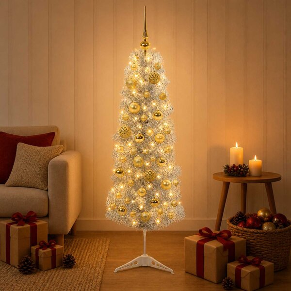 Karcsú műkarácsonyfa gömbökkel 150 cm 150 LED Meleg fehér