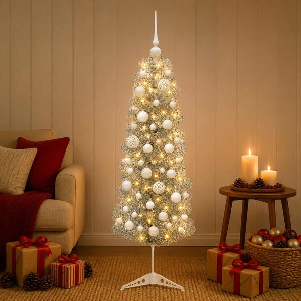 Karcsú műkarácsonyfa gömbökkel 150 cm 150 LED Meleg fehér