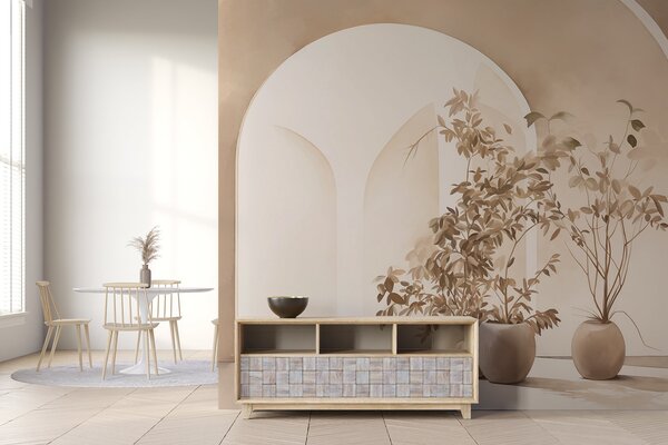 Fotótapéta Növények cserépben, bézs tónusú absztrakt ívek előtt, minimalista stílusban, elegáns és tiszta,, 3d fotótapéta, w09013 : Uwalls.hu
