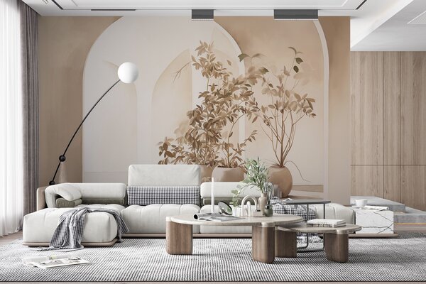 Fotótapéta Növények cserépben, bézs tónusú absztrakt ívek előtt, minimalista stílusban, elegáns és tiszta,, 3d fotótapéta, w09013 : Uwalls.hu