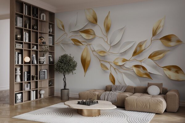 Fotótapéta Sárga és fehér levelek egy ágon , elegáns design, fehér háttér, minimalista stílus, dekoratív, 3d fotótapéta, w09015 : Uwalls.hu
