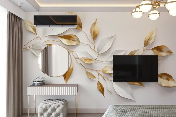 Fotótapéta Sárga és fehér levelek egy ágon , elegáns design, fehér háttér, minimalista stílus, dekoratív, 3d fotótapéta, w09015 : Uwalls.hu