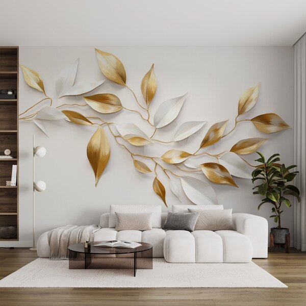 Fotótapéta Sárga és fehér levelek egy ágon , elegáns design, fehér háttér, minimalista stílus, dekoratív, 3d fotótapéta, w09015 : Uwalls.hu