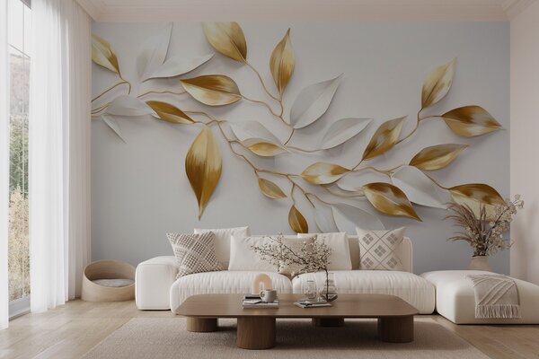 Fotótapéta Sárga és fehér levelek egy ágon , elegáns design, fehér háttér, minimalista stílus, dekoratív, 3d fotótapéta, w09015 : Uwalls.hu