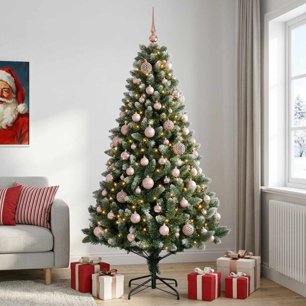 Műfenyő gömbökkel 180 cm 300 LED Meleg fehér PVC és fém Zöld
