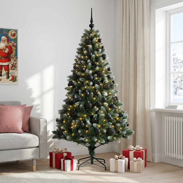 Műfenyő gömbökkel 180 cm 300 LED Meleg fehér PVC és fém Zöld