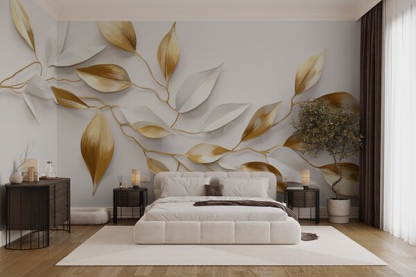 Fotótapéta Sárga és fehér levelek egy ágon , elegáns design, fehér háttér, minimalista stílus, dekoratív, 3d fotótapéta, w09015 : Uwalls.hu