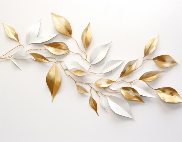 Fotótapéta Sárga és fehér levelek egy ágon , elegáns design, fehér háttér, minimalista stílus, dekoratív, 3d fotótapéta, w09015 : Uwalls.hu