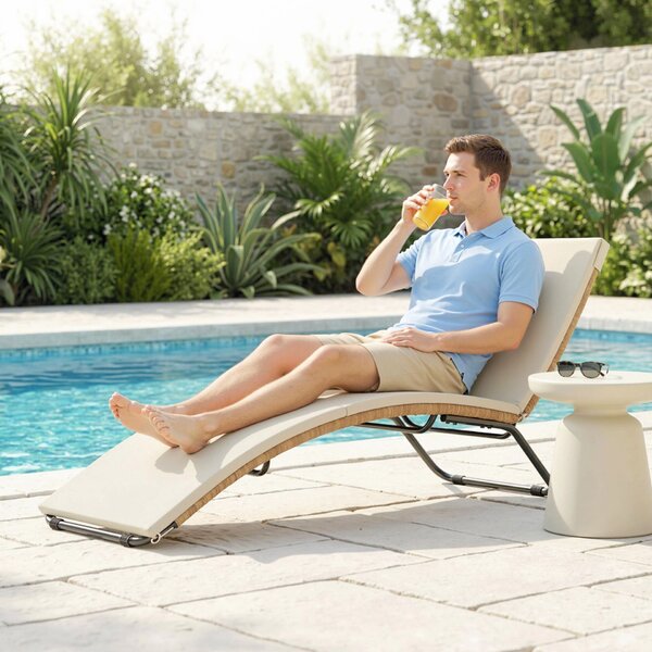 Outsunny S-alakú napozóágy párnával, PE rattan és acél, 175x57x80 cm, krém