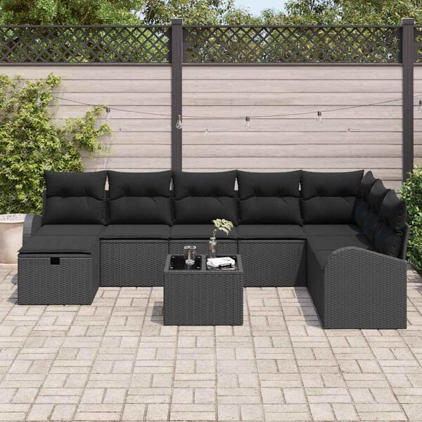 VidaXL Kerti Kanapé Szett párnával tárolóval 9 pcs Fekete Poli rattan
