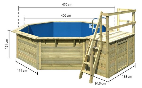 Karibu „X2-es medence modell” fából (nyomáskezelt) kis terasszal 4,3x4,3 m