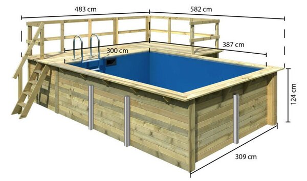 Karibu „Téglalap alakú medence 2” fából (nyomáskezelt) 3,1x4,0 m, nagy terasszal