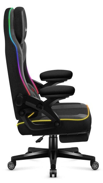 Gamer szék RGB smart , szövet, lábtartó, LED világítással, fekete