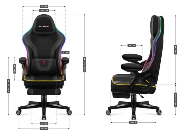 Gamer szék RGB smart , szövet, lábtartó, LED világítással, fekete