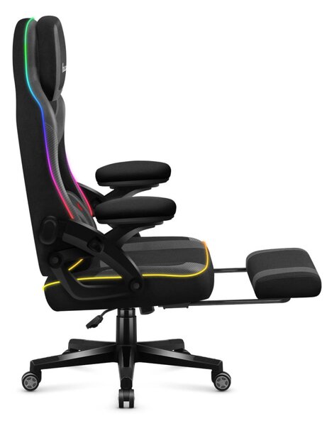 Gamer szék RGB smart , szövet, lábtartó, LED világítással, fekete