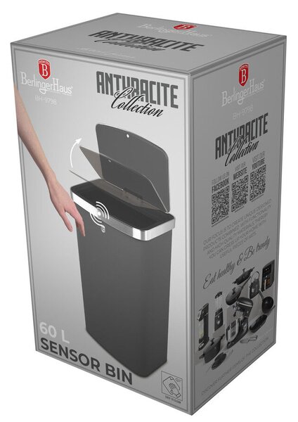 Berlinger Haus Szenzor érzékelős szemetes 60 literes fém matt antracit Anthracite Collection BH/9798