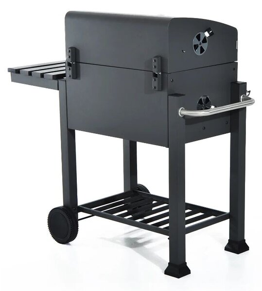 Széngrill, összecsukható fedél hőmérővel, szállítókerékkel, 115x46x106 cm, grill 61.5x46x51 cm
