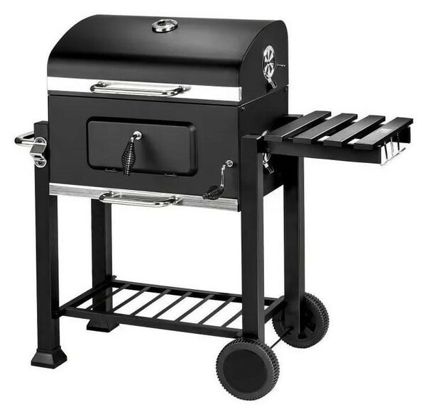 Széngrill, összecsukható fedél hőmérővel, szállítókerékkel, 115x46x106 cm, grill 61.5x46x51 cm