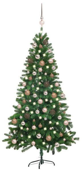 Zöld megvilágított műkarácsonyfa gömb szettel 150 cm