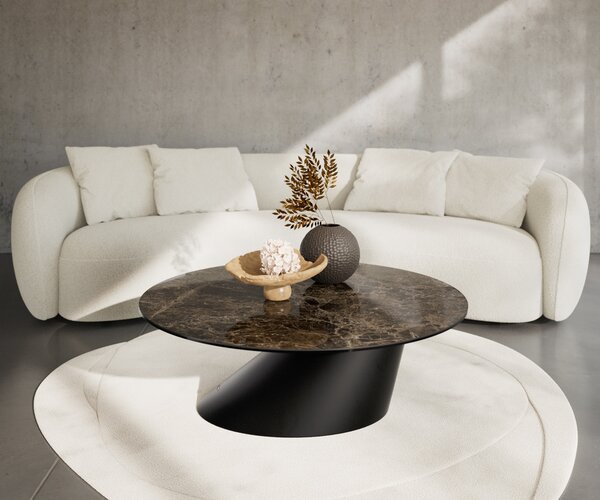 DELIFE Dohányzóasztal Edge kerek 100x100 cm Laminam® Emperador Extra Lucidato kerámia sötétbarna kúpos fém fekete