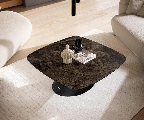 DELIFE Dohányzóasztal Edge hajóformájú 90x90 cm Laminam® Emperador extra polírozott sötétbarna Conis fém fekete