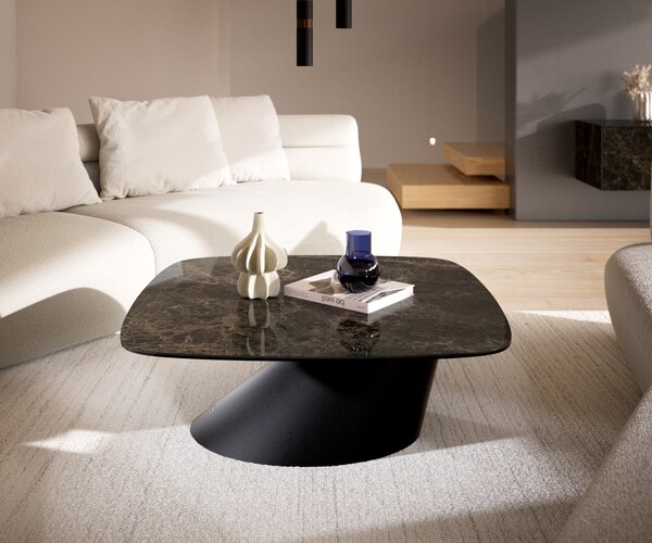 DELIFE Dohányzóasztal Edge hajóformájú 90x90 cm Laminam® Emperador extra polírozott sötétbarna Conis fém fekete