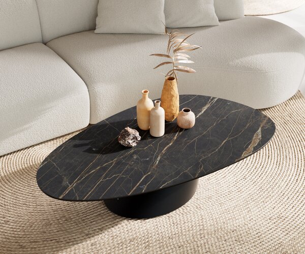 DELIFE Dohányzóasztal Edge ovális 140x75 cm Laminam® kerámia Noir Desir barna Conis fém fekete