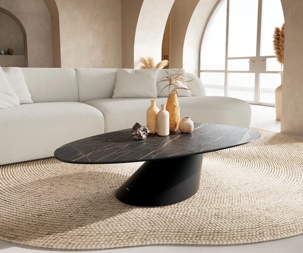 DELIFE Dohányzóasztal Edge ovális 140x75 cm Laminam® kerámia Noir Desir barna Conis fém fekete