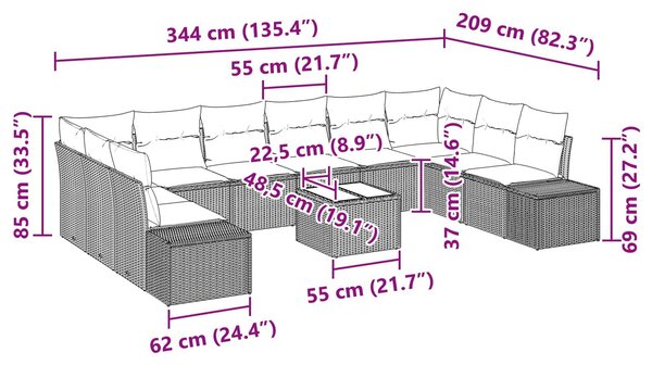 VidaXL Kerti Kanapé Szett párnával 11 pcs Barna polirattan