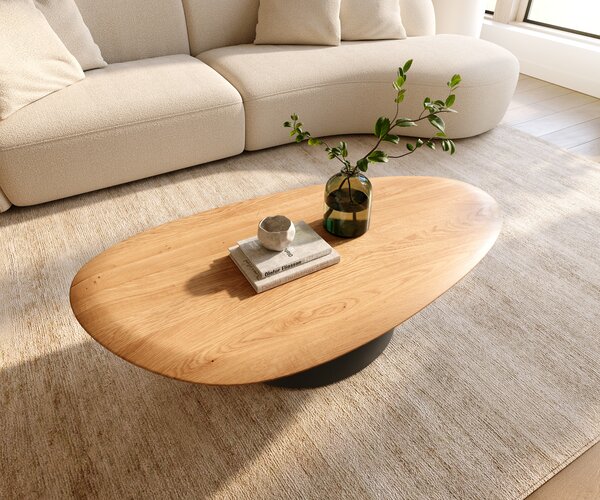 DELIFE Dohányzóasztal Edge ovális 140x75 cm tölgy természetes kerek él kúpos fém fekete