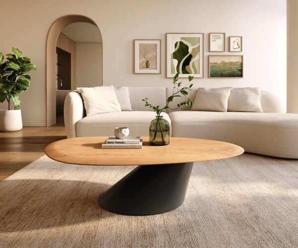 DELIFE Dohányzóasztal Edge ovális 140x75 cm tölgy természetes kerek él kúpos fém fekete