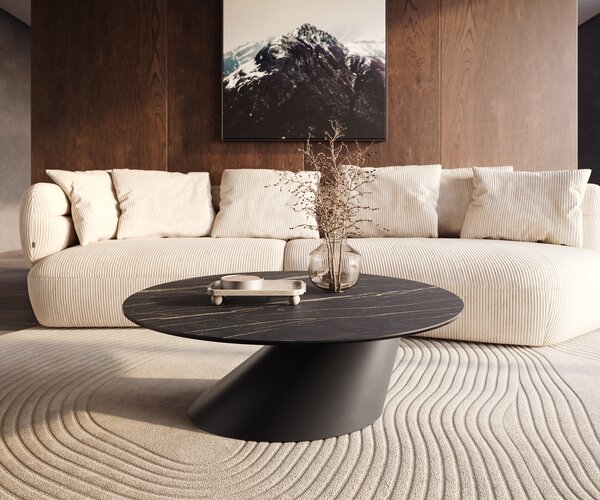 DELIFE Dohányzóasztal Edge kerek 100x100 cm Laminam® kerámia Noir Desir barna Conis fém fekete