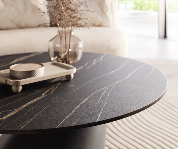 DELIFE Dohányzóasztal Edge kerek 100x100 cm Laminam® kerámia Noir Desir barna Conis fém fekete