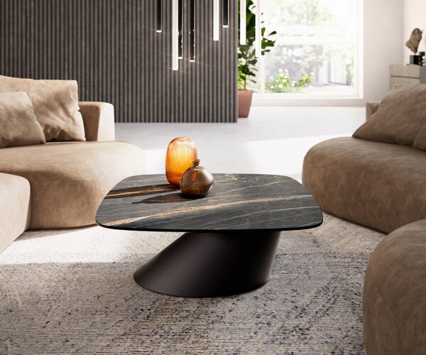 DELIFE Dohányzóasztal Edge hajóformájú 90x90 cm Laminam® kerámia Noir Desir barna Conis fém fekete