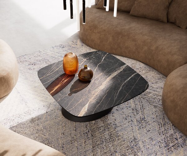 DELIFE Dohányzóasztal Edge hajóformájú 90x90 cm Laminam® kerámia Noir Desir barna Conis fém fekete