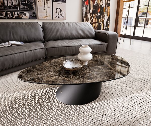 DELIFE Dohányzóasztal Edge organikus 140x76 cm Laminam® Emperador extra polírozott kerámia sötétbarna Conis fém fekete