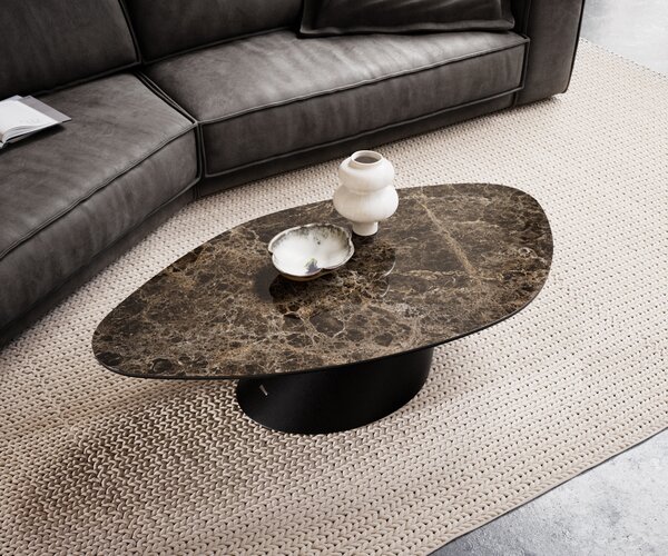 DELIFE Dohányzóasztal Edge organikus 140x76 cm Laminam® Emperador extra polírozott kerámia sötétbarna Conis fém fekete
