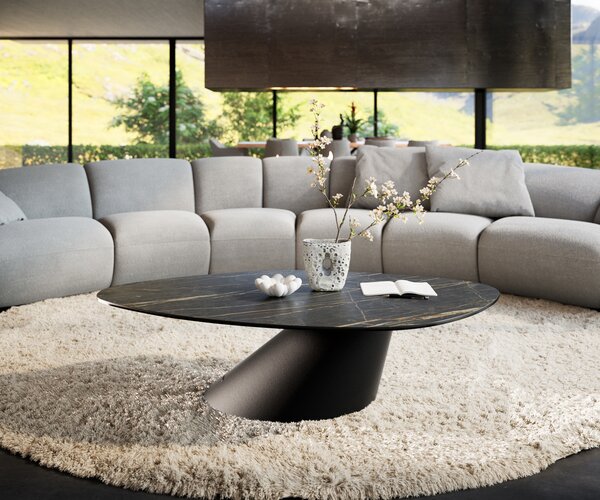 DELIFE Dohányzóasztal Edge organikus 140x76 cm Laminam® kerámia Noir Desir barna Conis fém fekete