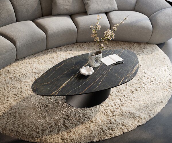 DELIFE Dohányzóasztal Edge organikus 140x76 cm Laminam® kerámia Noir Desir barna Conis fém fekete