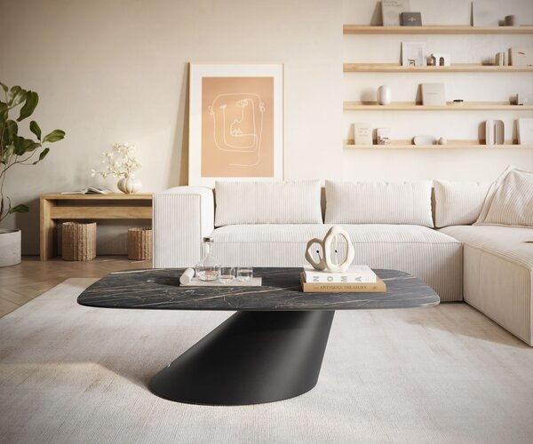 DELIFE Dohányzóasztal Edge hajóformájú 120x70 cm Laminam® kerámia Noir Desir barna Conis fém fekete