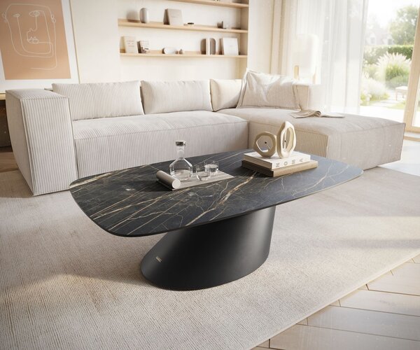 DELIFE Dohányzóasztal Edge hajóformájú 120x70 cm Laminam® kerámia Noir Desir barna Conis fém fekete