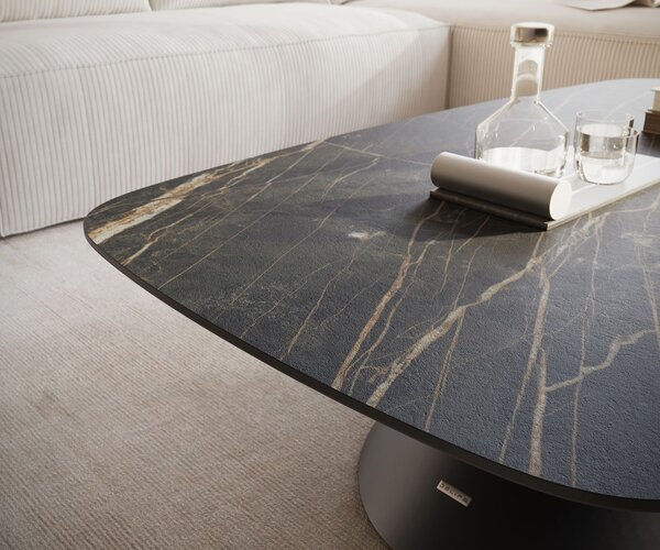 DELIFE Dohányzóasztal Edge hajóformájú 120x70 cm Laminam® kerámia Noir Desir barna Conis fém fekete